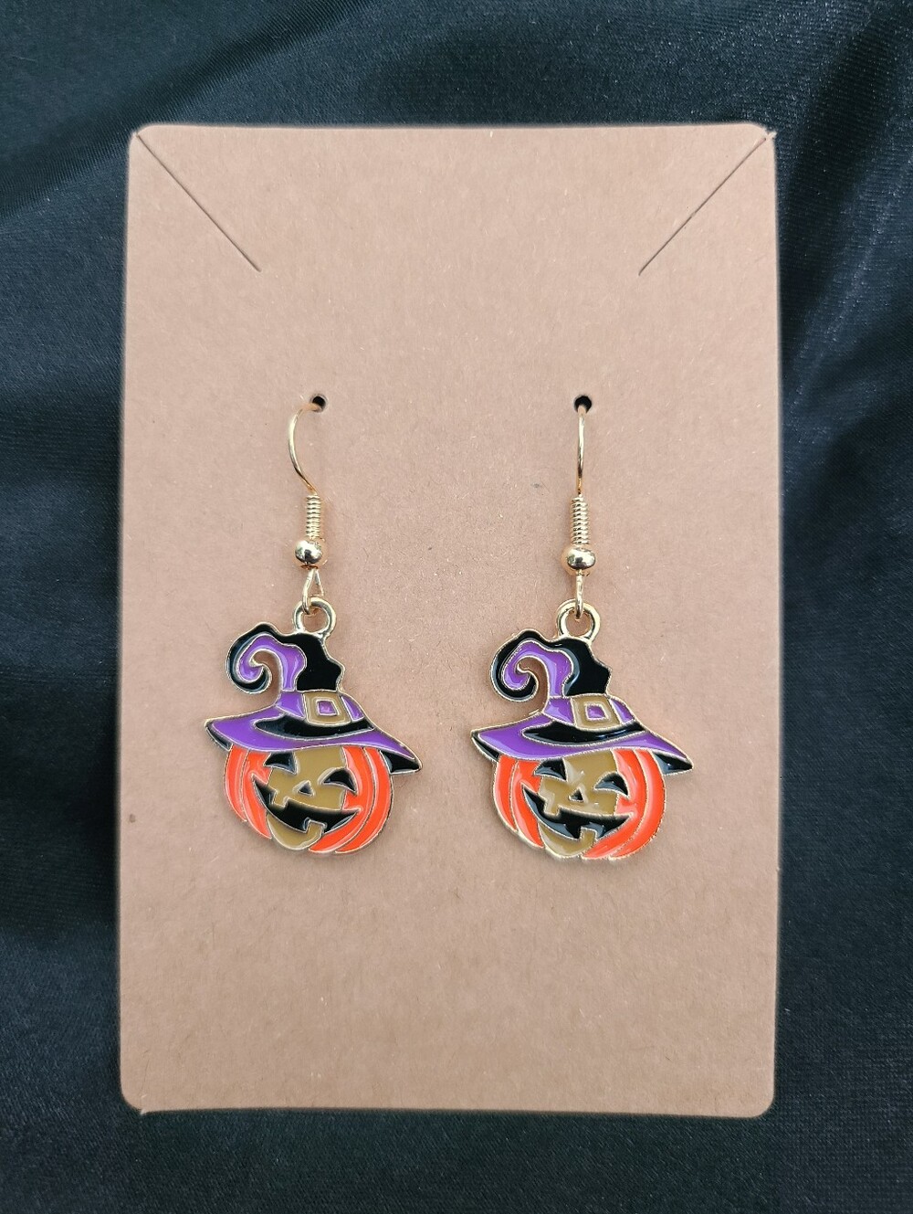 Halloween Pumpkin Witch Hat Drop Earrings - Jack O' Lantern Orange & Purple